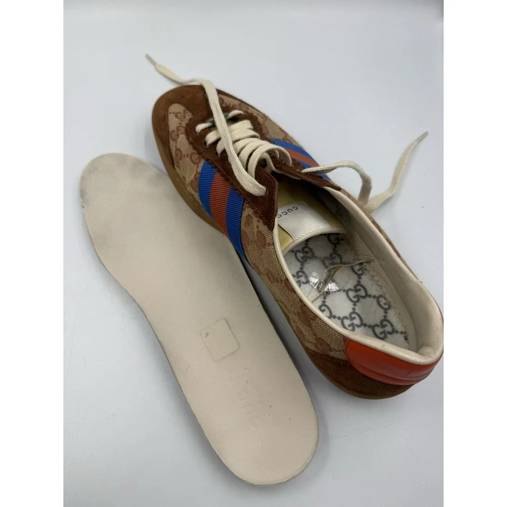 Gucci Screener Men's Sneakers GG Monogram Brown Suede Web Red Blue Size 10 US 11